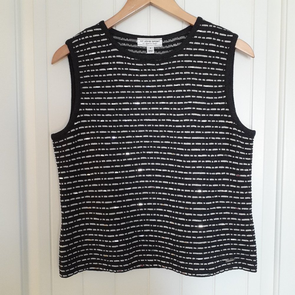 St. John Sport Santana Striped Sweater Tank w/Sequin Detail Gray Silver Size S